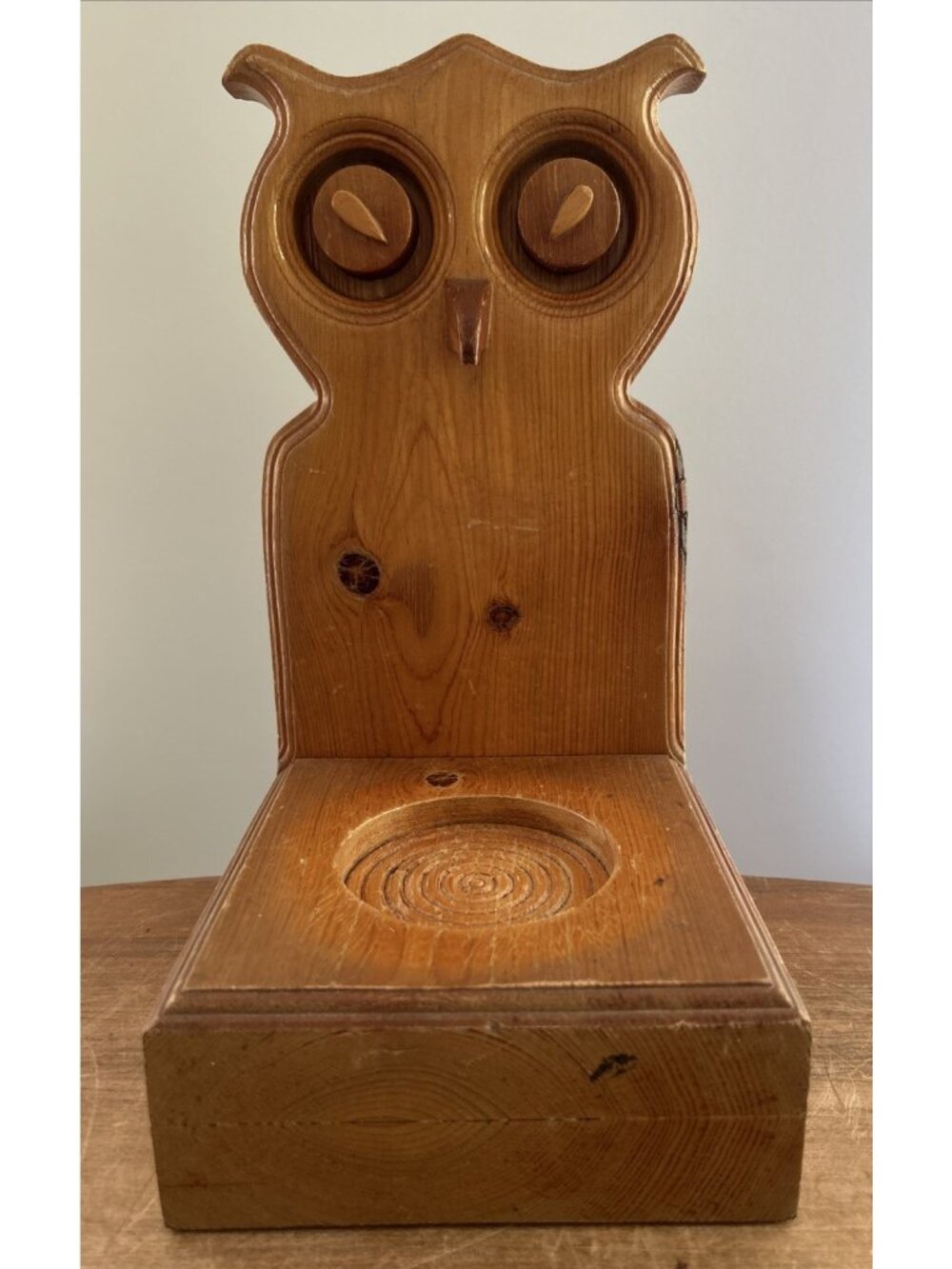 Knotty Pine Carved Wood Owl Plant / Candle Holder 13.5" H Cabin Lodge Cottage
